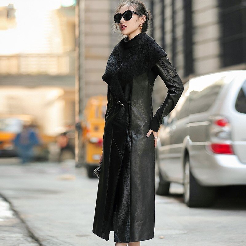 Mantel Kulit Domba Baru Musim Dingin Musim Gugur Jaket Kulit Asli Panjang Kualitas Tinggi Wanita Kantor Kerah Streetwear Ramping