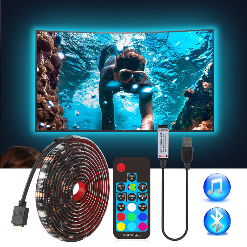 Kit de iluminación de fondo de TV, tira LED USB 5050, RGB, cortable con música IR RF, controlador LED Bluetooth, juego de 0,5 M/1M/2M