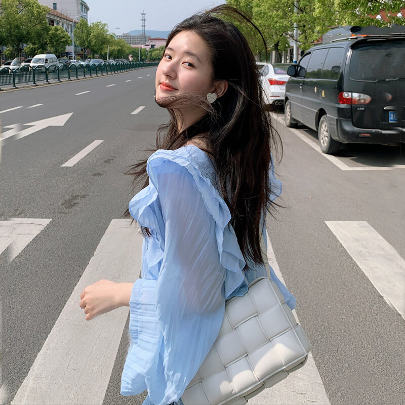 Hoge Kwaliteit Vrouwen Top En Blouse 2020 Koreaanse Mode Ruche Kant Geplooid Chiffon Blouse Lange Mouw Licht Blauw Casual Shirt