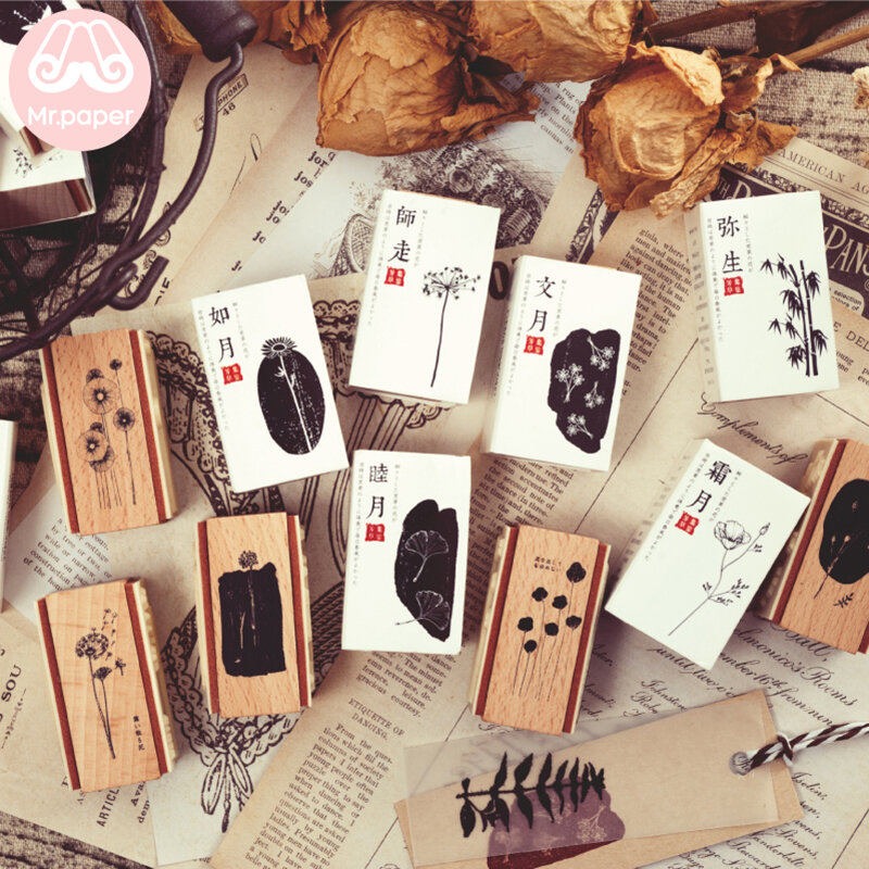 Mr Paper 12 Designs Japanese Plant Collections Double Side Wooden Rubber Stamp for Scrapbooking Decoration Standard Wooden Stamp