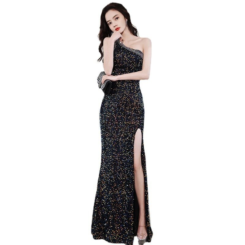 Women's Formal Evening Dresses One-Shoulder Sexy Birthday Party Dress Sequined Appliques High Split Graceful Pageant Gowns