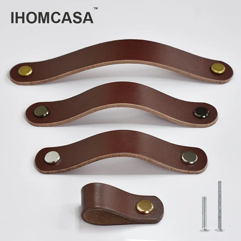 Коричневые кожаные ручки IHOMCASA, в европейском стиле, для мебели, ящиков, гардероба, дверных ручек, шкафа для обуви, из воловьей кожи