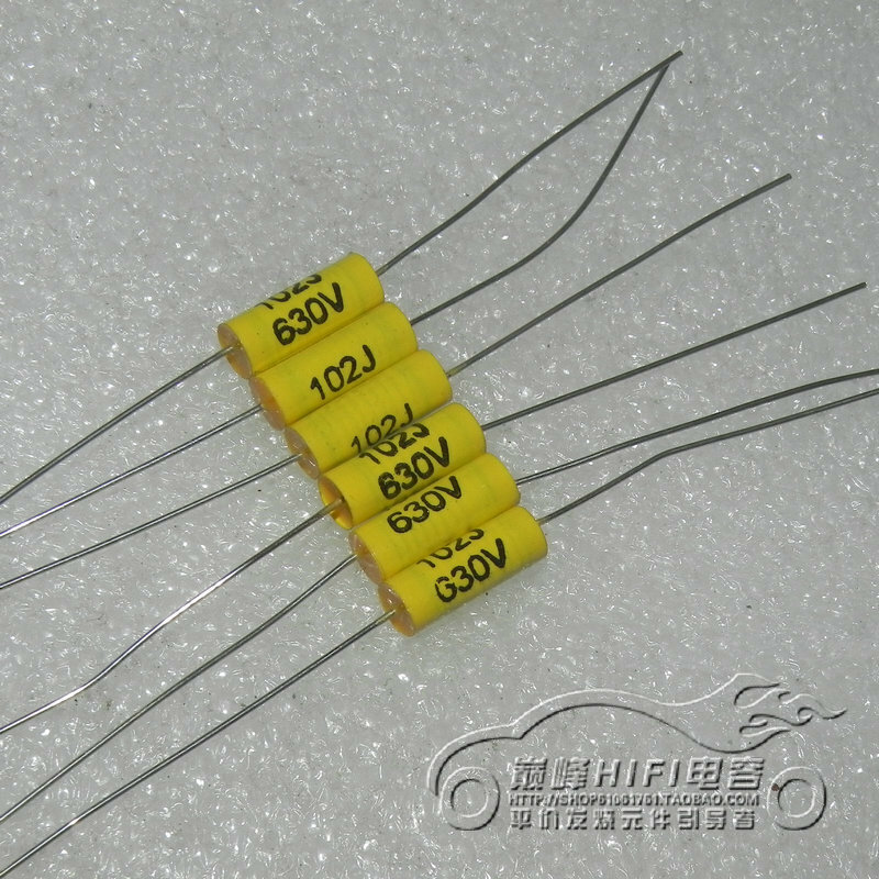 1 peças/1 lote taiwan hualun faradd 102j 630v0.001uf 1nf amarelo através-centro capacitor de filme axial