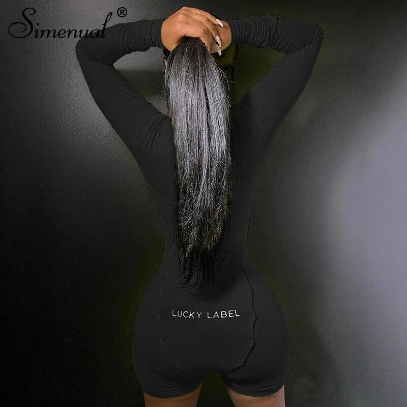 Simenual Button V Neck Bodycon Women Rompers Long Sleeve Letter Embroidery Casual Biker Shorts Playsuits Active Wear Fashion Hot