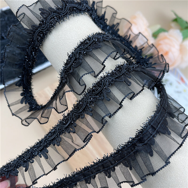 Venda quente preto brilhante plissado rendas para artesanato fita diy vestido de casamento saco chapéu headwear saia roupas costura material acessórios