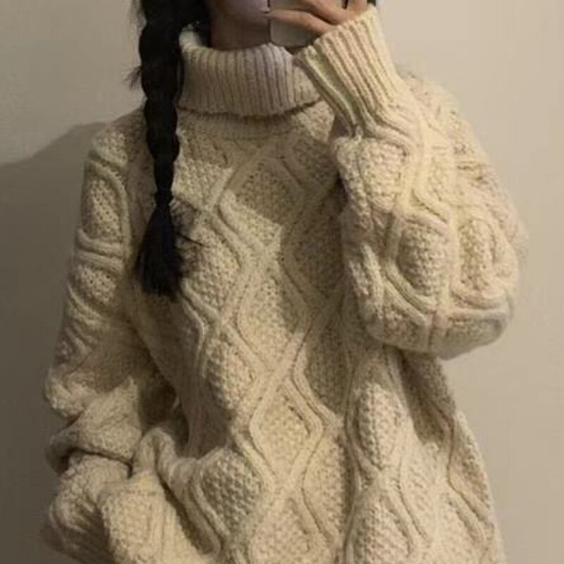 Пуловер женский с воротником-хомутом, свободный однотонный универсальный базовый вязаный свитер бойфренда в Корейском стиле для школьниц, осень
