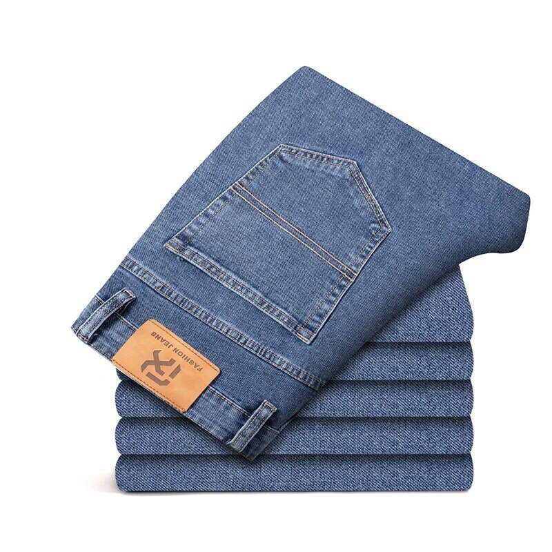 Большие размеры 40, 42, 44, осенние мужские синие прямые свободные джинсы, деловые повседневные хлопковые Стрейчевые джинсовые штаны, мужские брендовые