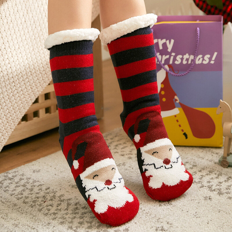 Noël épaissir chaud chaussettes pantoufles chaussettes épaissir femmes filles imprimer rayure décontracté antidérapant chaud hiver mi Tube mignon chaussettes