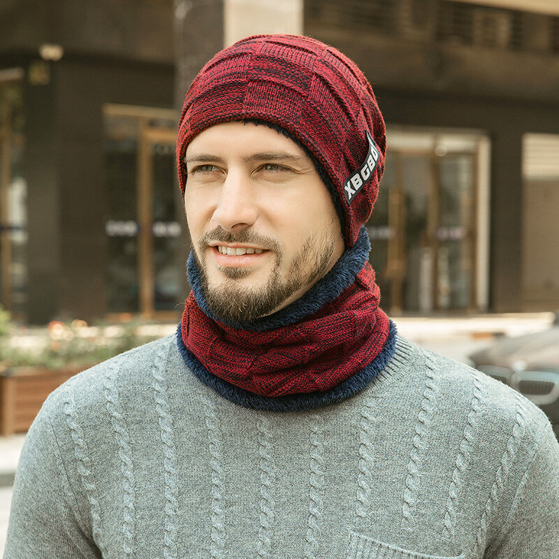 Chapeau tricoté avec velours pour hommes, bonnet en laine rembourrée, bandeau de cou, Plus casquette en laine épaisse polaire, hiver