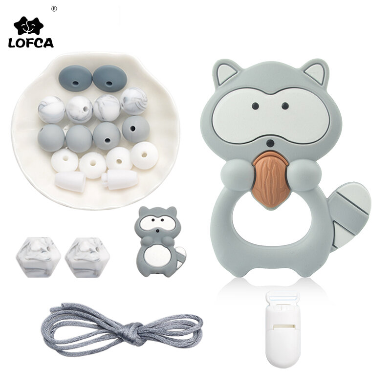 LOFCA Silicone Teether For DIY Baby Teething Necklace Toy Making Cute Raccoon Pacifier Chain Clips Food Grade Silicone Beads Set