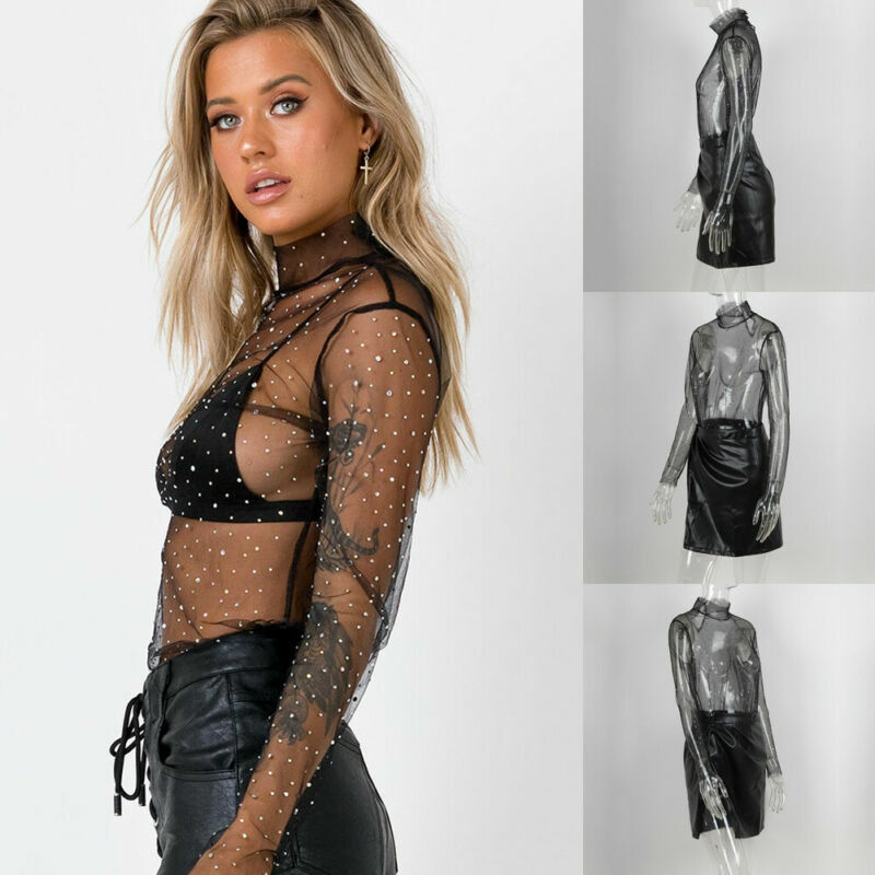 Hirigin blusa de malha feminina, sexy, transparente, de gola alta, transparente, roupas femininas, fantasia, 2021