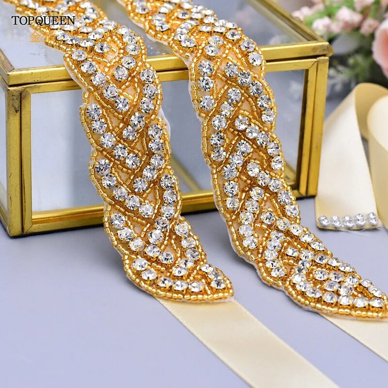 TOPQUEEN-Cinturón de boda S216, faja nupcial de oro rosa, apliques de diamantes de imitación completos, accesorios de lujo para mujer, faja para vestido femenino