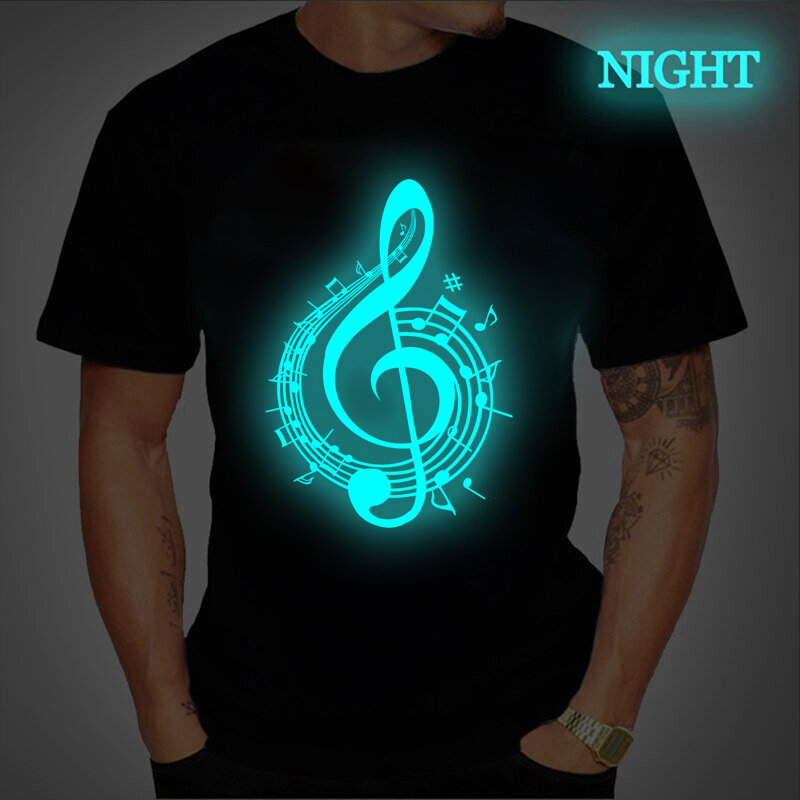 Camiseta gótica con estampado de símbolo de música luminosa para hombre, camiseta personalizada negra, camisetas gráficas de talla grande, camisetas de verano para hombre