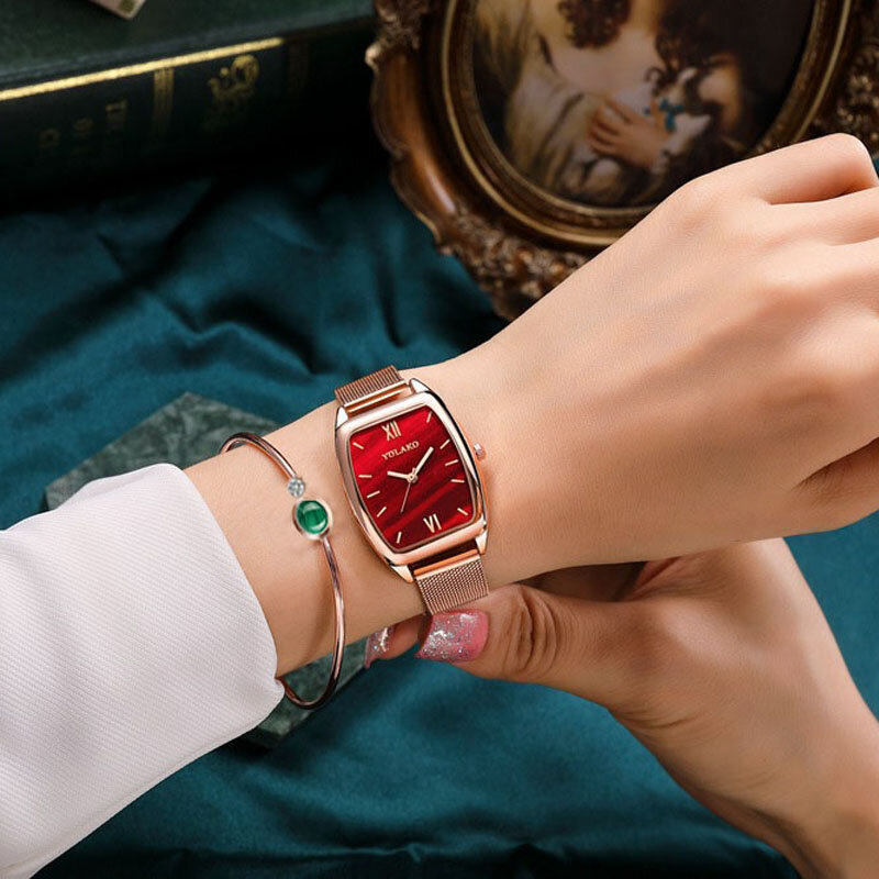 Relógios femininos moda quadrado senhoras relógio de quartzo pulseira definir dial verde simples rosa ouro malha luxo relógios femininos