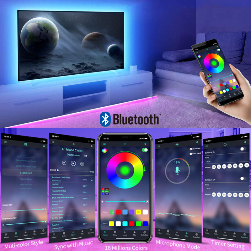 テレビのバックライト用の柔軟なLEDストリップライト,Bluetoothアプリコントロール,5V USB,5050 RGB