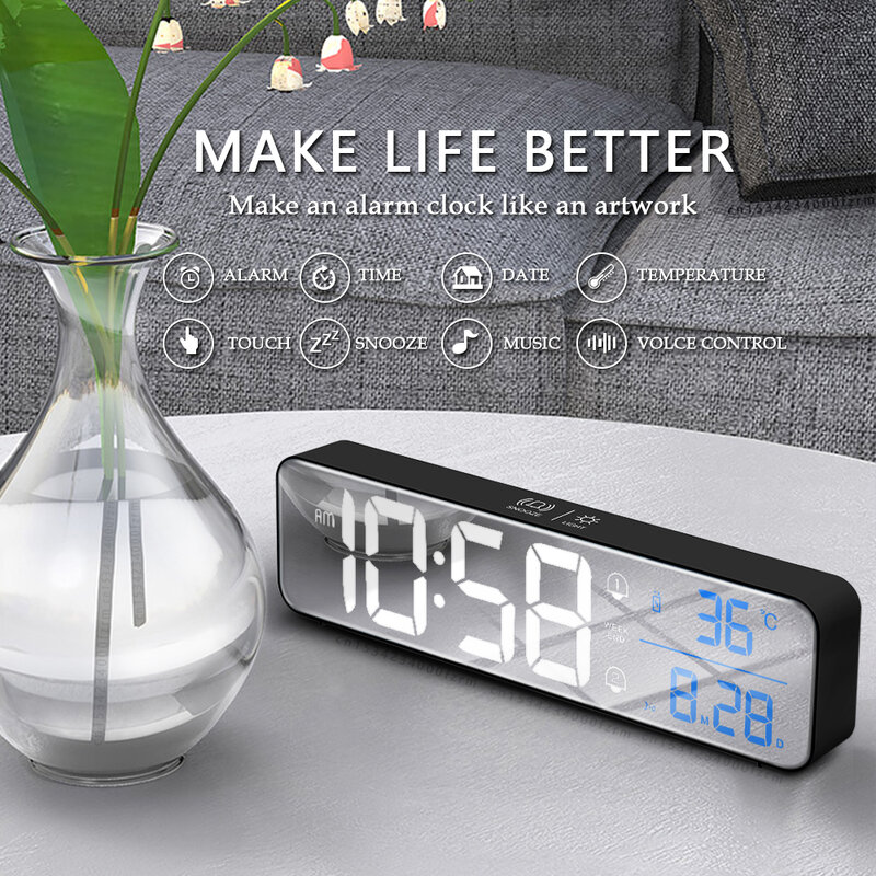 Reloj despertador Digital LED con música, pantalla de fecha y temperatura, relojes de espejo de escritorio, decoración de Mesa para el hogar, reloj electrónico, 2000 mAh
