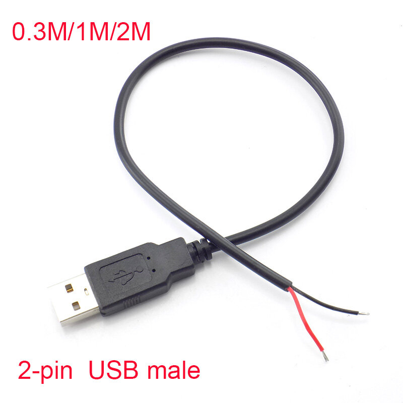USB 2.0 Masculino Jack Cabo Conector, Cabo de Extensão de Carga, Adaptador, 2 Pinos, 2 Fios, DIY, 5V, 0.3m, 1m, 2m