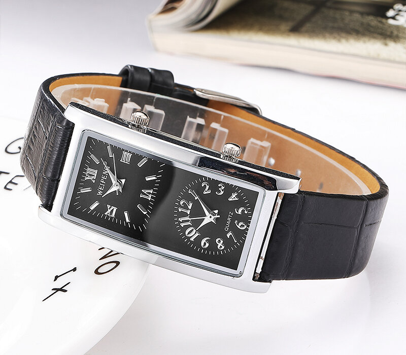 デュアルダイヤル付きユニセックスクォーツ腕時計,本革ストラップ,黒と白の時計,シンプルでミニマリスト,男性と女性,カップル