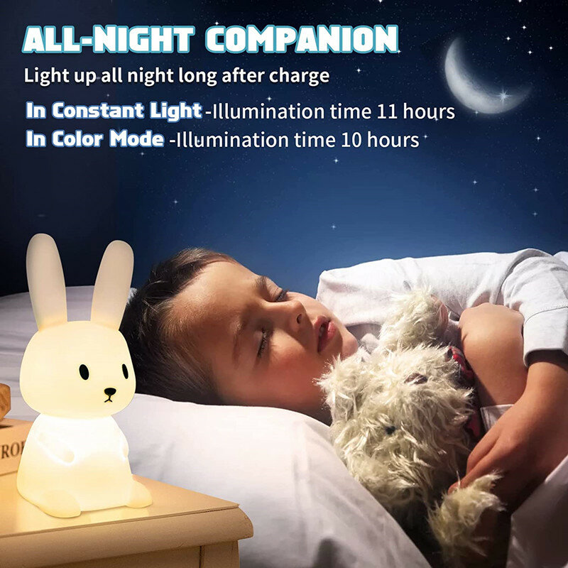 Luz de noche para habitación de niños, lámpara de conejo de silicona con USB, bonito regalo para guardería, decoración de habitación Kawaii, niñas y niños pequeños