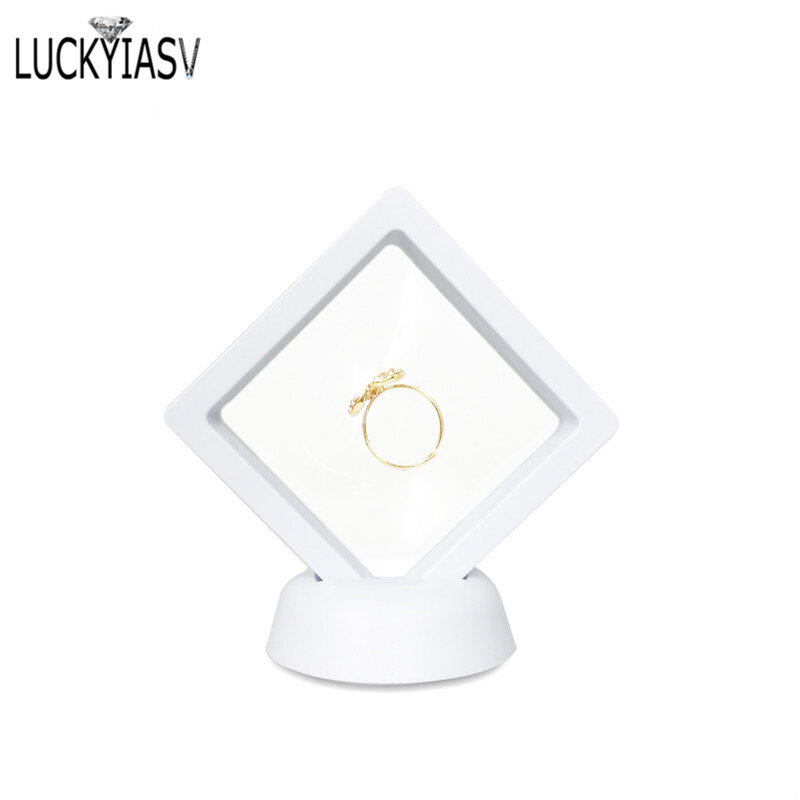 Preto branco plástico suspenso flutuante caso de exibição brinco moeda jóias anel de armazenamento de jóias pet caixa de suporte de membrana 7*7*2cm