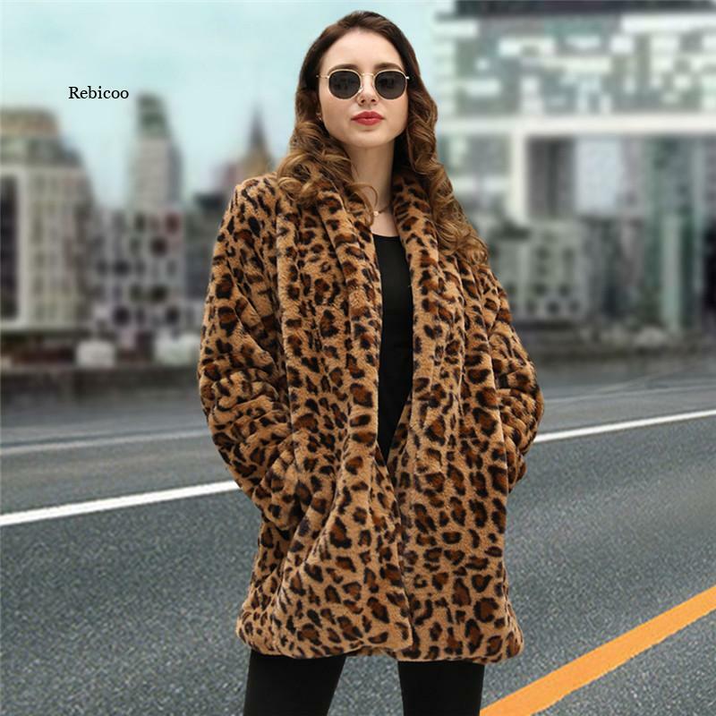 Mode Leopard Frauen Faux Pelzmantel Luxus Lange Pelzmantel Lose Revers Dicke Warme Outwear Weibliche Mäntel
