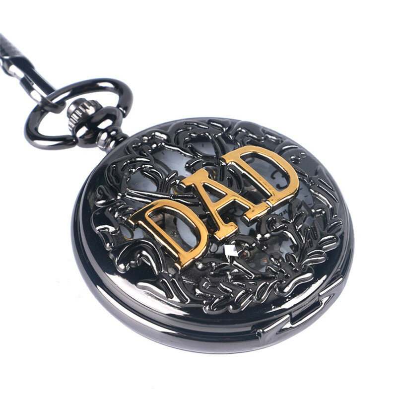 ساعة جيب ميكانيكية ملتفة باليد للرجال ، حافظة سوداء مجوفة ، تصميم أبي ، ساعة سلسلة قلادة ، هدية إلى الأب
