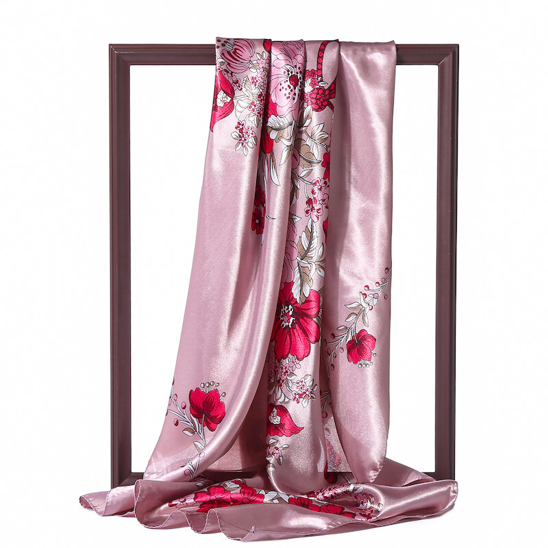 Sping lenço de seda feminino de verão, lenço quadrado hijab de 90*90cm, faixa de cabelo com pescoço, estampa floral, chales, feminino, envoltório elegante
