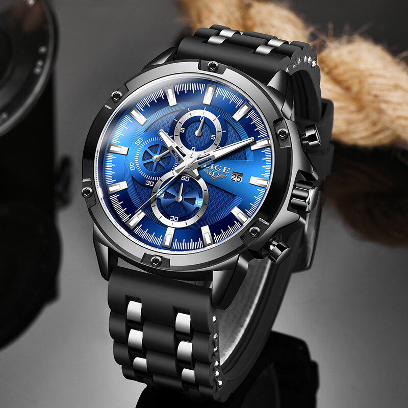 Business Mens Watches 2022LIGE Male Sport Watch Chronograph Fashion Watch Men Waterproof Quartz Date Clock Relogio Masculino+Box
