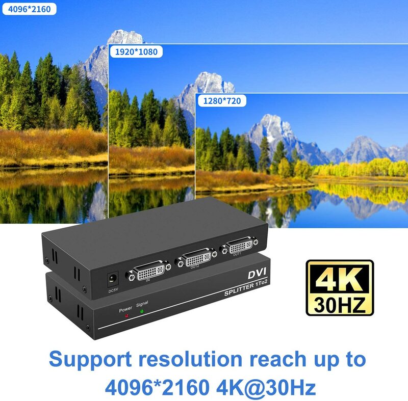 DVI Splitter 1 In 2 Out DVI Splitter 1X2พร้อมPower Adapterสนับสนุน4K @ 30HzสำหรับPCแล็ปท็อปDVRโปรเจคเตอร์HDTV DVIพอร์ตอุปกรณ์