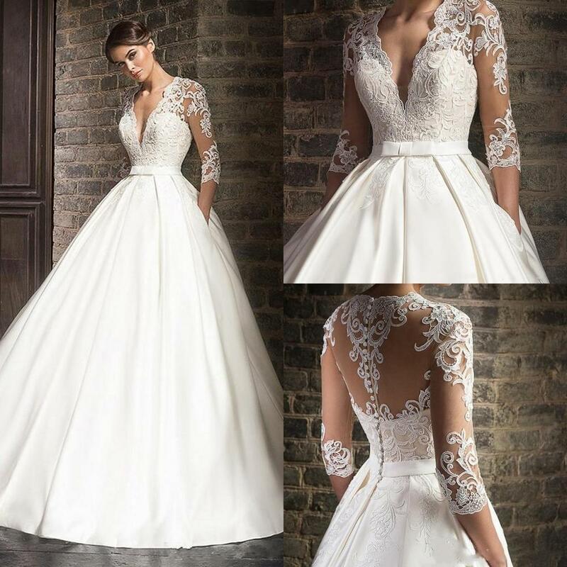 DREAM Elegant Lace Wedding Dresses Vestido De Novia 2023 Half Sleeves V-Neck Bride Dress Sweep Train Pockets Custom White Ivory