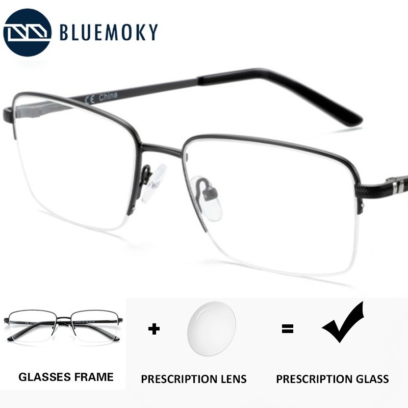 Bluemoky metade aro prescrição progressivo óculos homem anti raios azuis fotochromic miopia óculos de negócios óptica