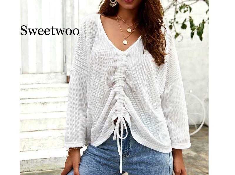 Lace Up Women Casual Loose Tops Pullover 2020 Autumn Winter Sweaters Female Solid Sexy V Neck Long Sleeves Fold Knitted Sweaters