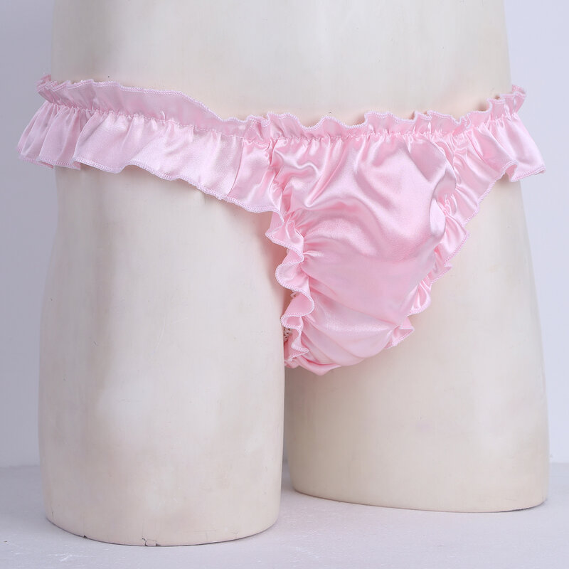 Men's Sissy Lingerie Sexy Briefs Gay Ruffled Frilly Satin Bikini G-strings Micro Thong Panties T-back Underpants Underwear