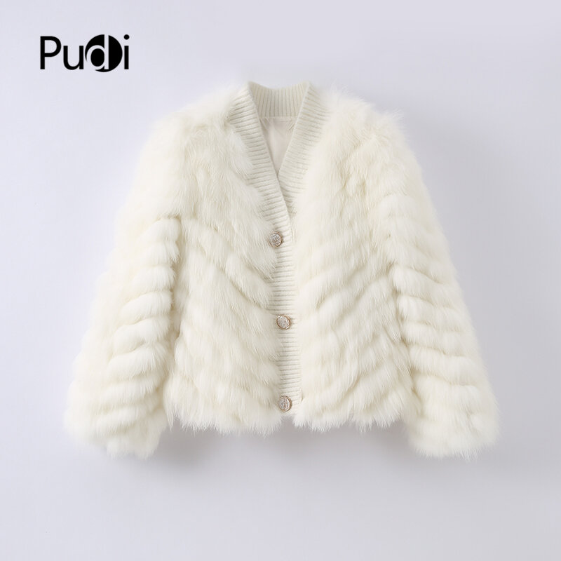 Pudi-女性用の本物のキツネの毛皮のコート,女性のファッションの暖かい冬のセーター,パーカーz21m13