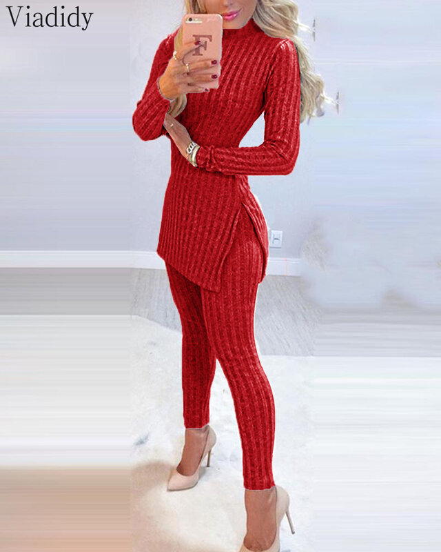 Women's Suit Casual Knit Beaded Side Slit Long Sleeve Top Sweater & Long Pants Set