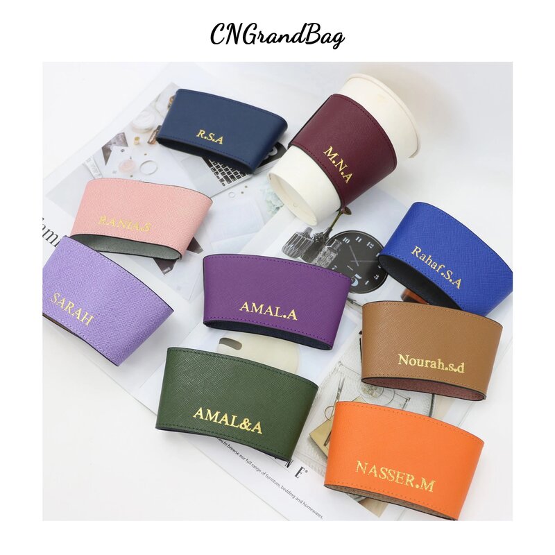 Personalized Genuine Leather Cup Holder Colorful Insulated Leather Cup Sleeve Saffiano Leather Non-slip Wraps for Beverage Cups