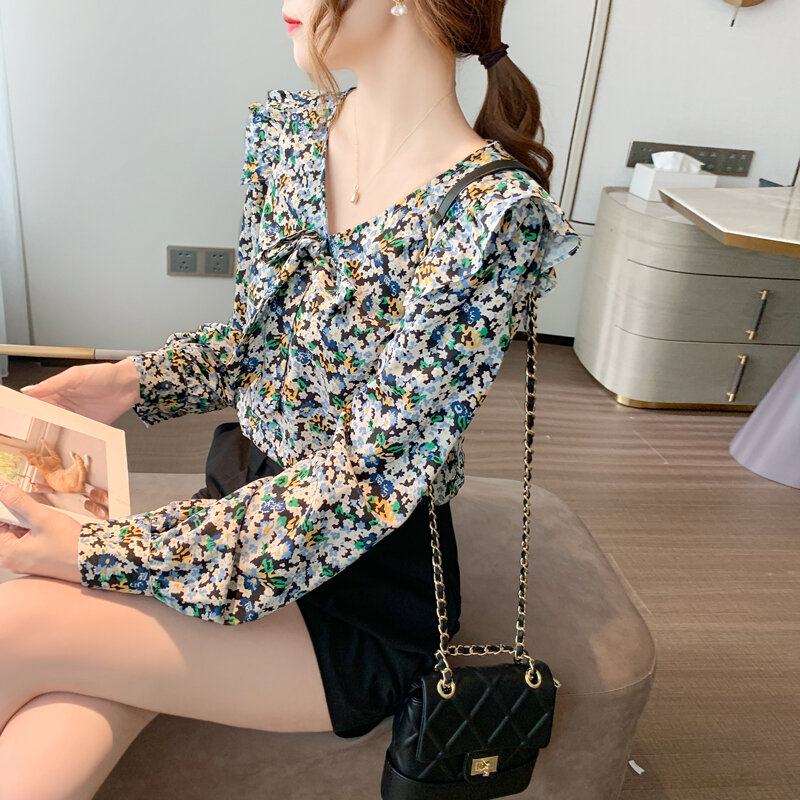 Jesień moda kobiety szyfonowa bluzka z długim rękawem Floral wydrukowano dekolt w serek Top panie elegancki koreańskie Casual koszule falowana kokarda Blusas