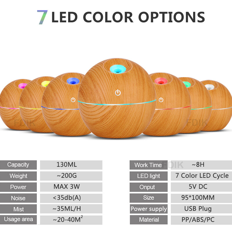 USB Ultrasonic Air Aroma Difusor de Óleo Essencial, Umidificador Doméstico, Mini Névoa Maker, Luz LED, Escritório, 130ml, 7 Cores