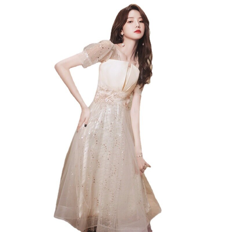 Estilo coreano o pescoço manga curta tea-length pageant vestidos para mulher lantejoulas apliques renda a linha graciosa vestidos de dama de honra