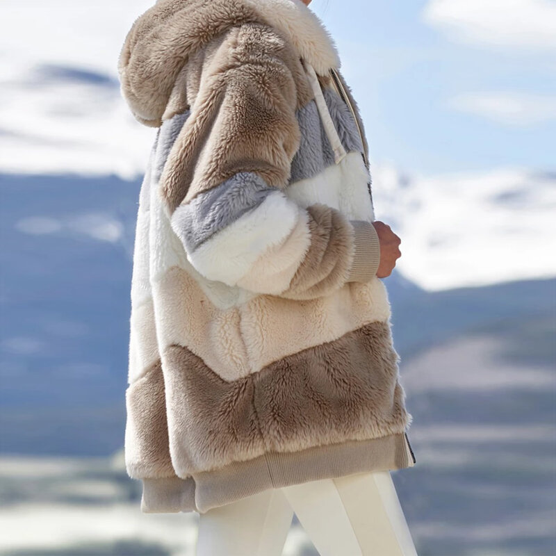 Cappotto di orsacchiotto caldo spesso donna inverno manica lunga soffice peloso giacche di pelliccia finta tasche con cerniera con cappuccio femminile cappotto taglie forti