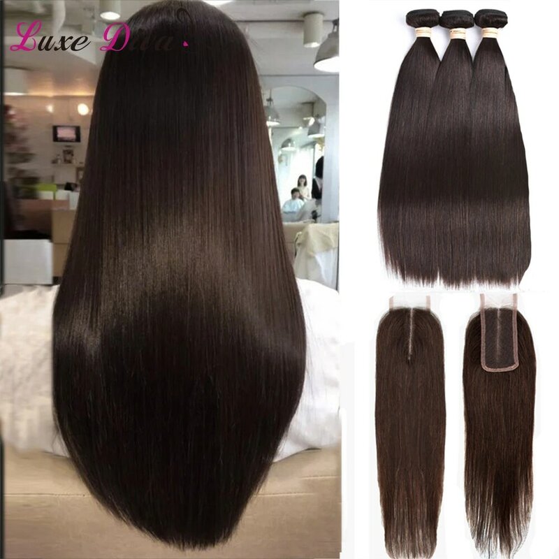 Luxediva Chocolate Brown Human Hair Straight Bundle With 2X4 Lace Closure 2# 4# Light Brown Remy Human Hair Extensions For Women