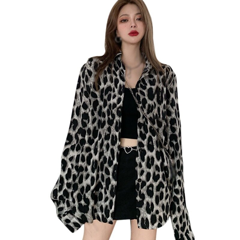 Camisa feminina estampa de leopardo primavera, camisa retrô sabor de hong kong, outono, comprimento médio, blusa solta de manga comprida