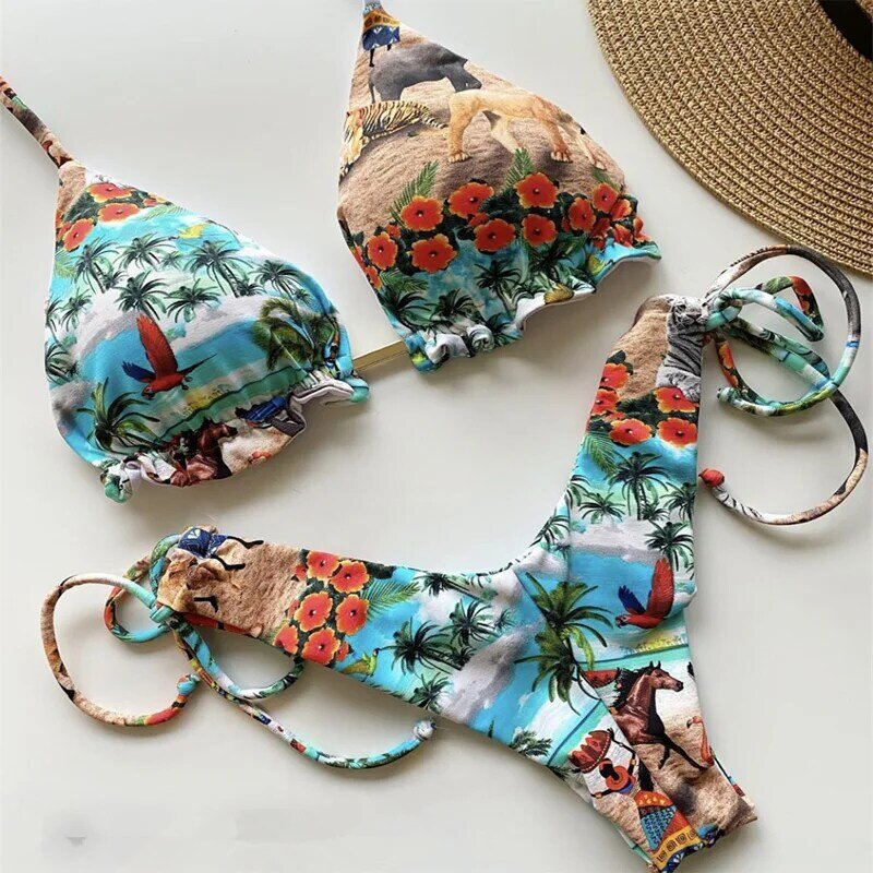 Cross Bandage Swimwear for Women Push Up Bikini Set Beach Bathing Suit Brazilian Biquni Print New Bikinis 2024