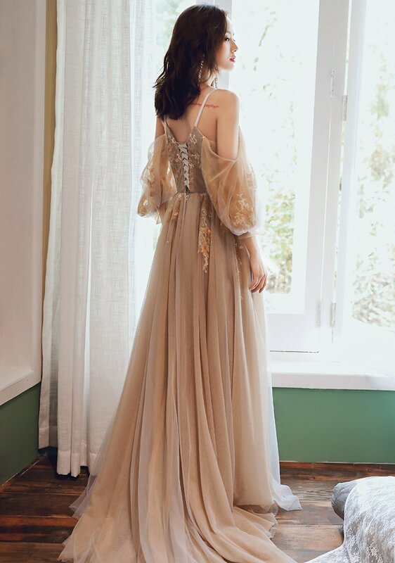 2024 gaun Prom Malam Panjang leher V sampanye elegan renda applique gaun ulang tahun Formal bahu terbuka