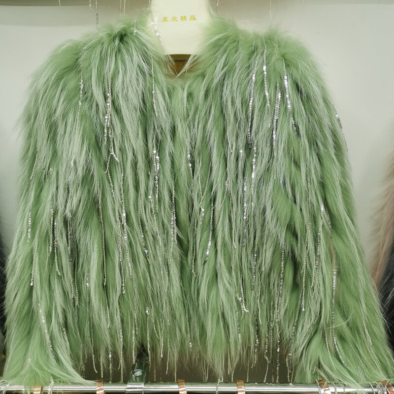 本物のキツネの毛皮で編まれた女性のためのフリンジコート,長さ55cm,新しいファッション,アライグマの毛皮で織られた