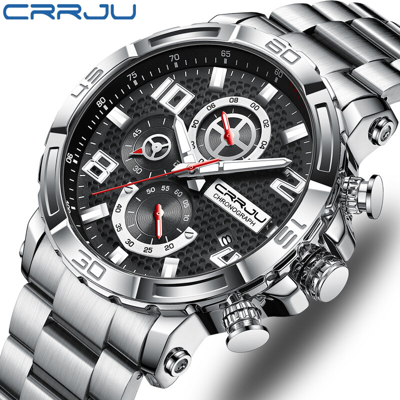 CRRJU-Reloj de acero inoxidable para hombre, cronógrafo deportivo, luminoso, resistente al agua, esfera grande