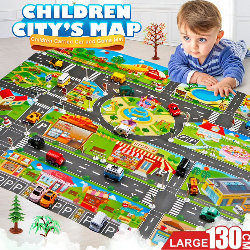 130*100 cm grande cidade tráfego parque de estacionamento jogar esteira impermeável não-tecido crianças carro playmat brinquedos para crianças esteira menino carro