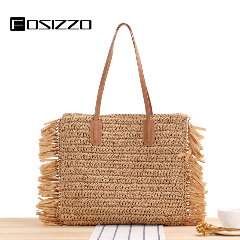 FOSIZZO-Bolso de paja tejido para mujer, bolsa de Playa Grande, a la moda, para vacaciones, verano, FS5124