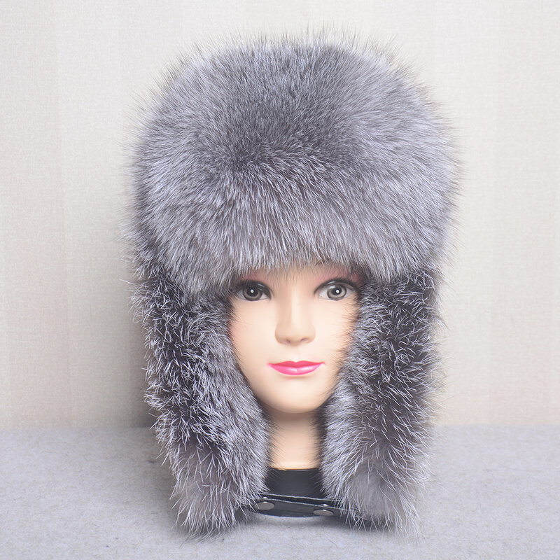 Brand Unisex Winter Russian Real Fox Fur Hat Warm Soft Quality Real Raccoon Fur Bombers Hats Luxury Real Sheepskin Leather Cap