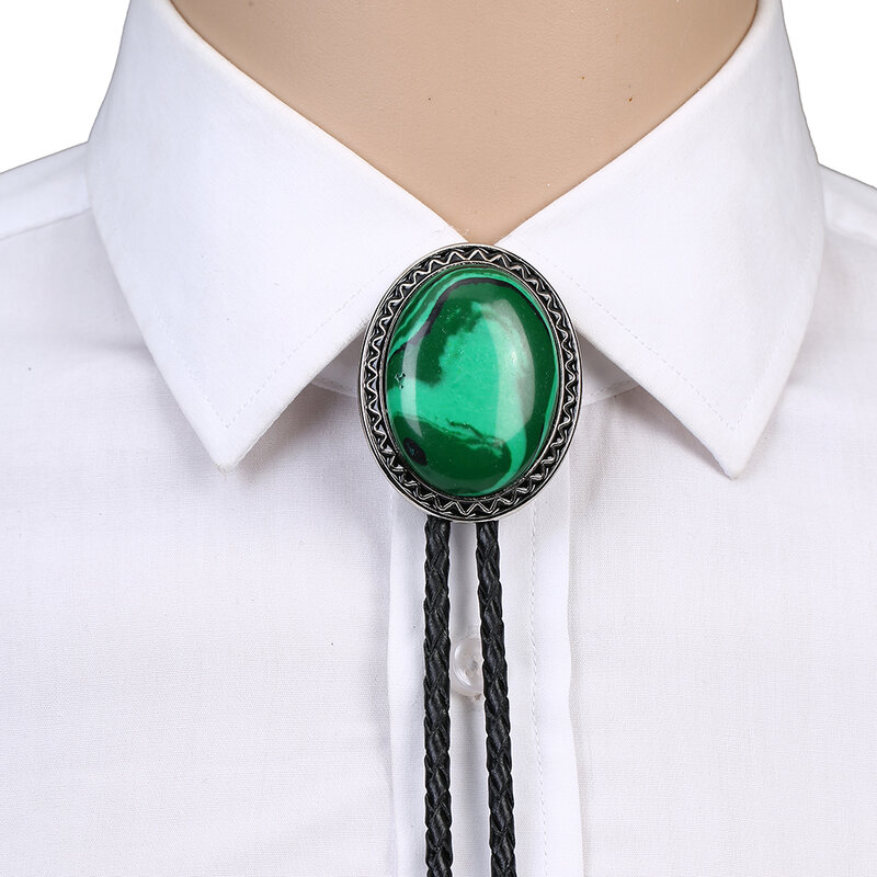 Vintage Malachite stone oval shape turquoise  bolo tie for man Indian cowboy western cowgirl leather rope zinc alloy necktie